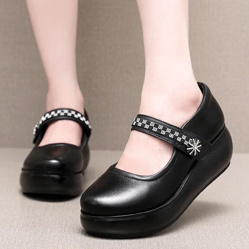 6cm Small Size 32-43 Comfortable Breathable Shallow Soft Leather Mary Janes Mid Heels 2025 Spring Platform Wedges Shoes Mom Work