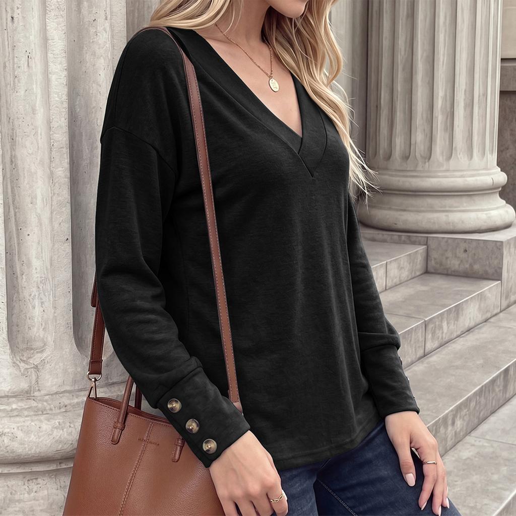 Women's V-Neck Loose Fit Button Front Long Sleeve T-Shirt Brushed Fabric Soft Top
