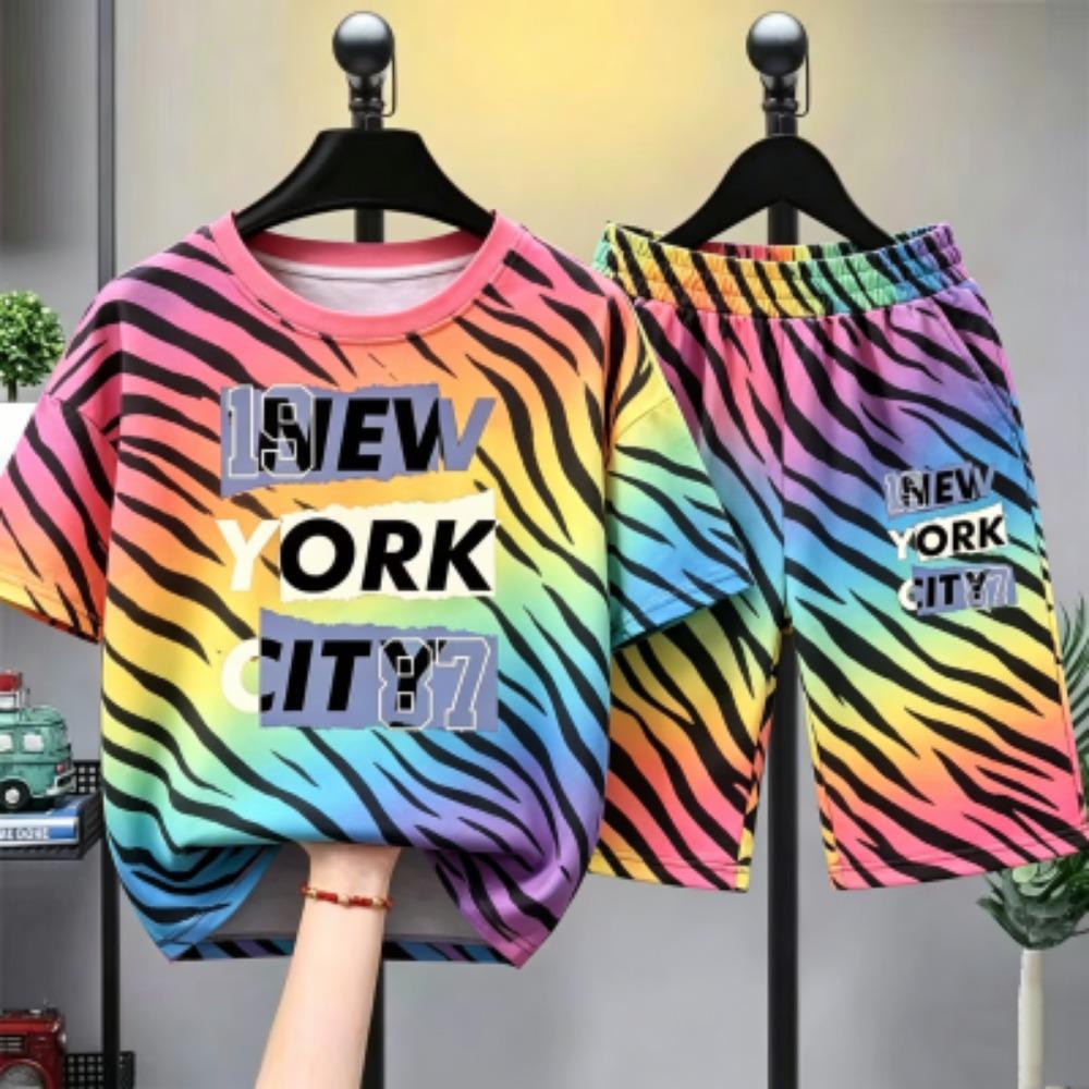 Camouflage Zebra Stripe Letter Printed Women's T-shirt and Shorts 2 Piece Set Summer Home Outdoor Casual Outfit for Men's and Women's T-shirt Set