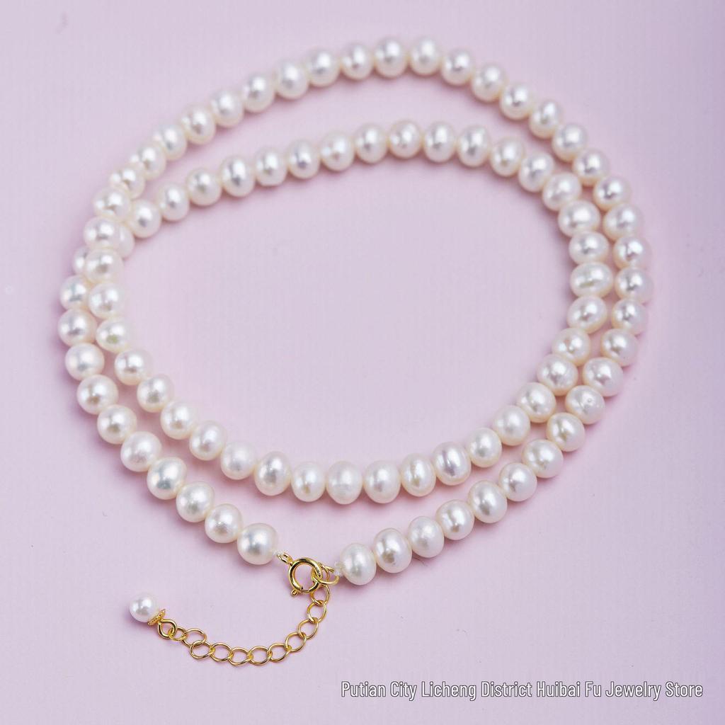 Set Collana e Bracciale da Donna con Perle d'Acqua Dolce Naturali e Nappa - Perle Quasi Rotonde 5-6mm, Argento S925 Regolabile