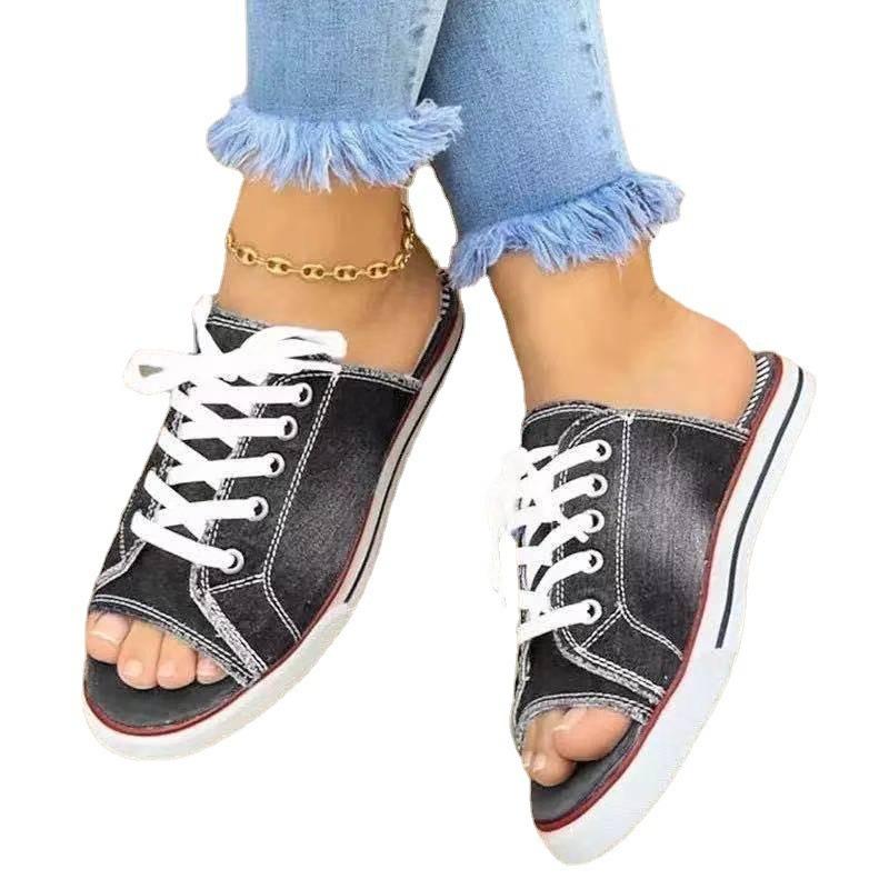 New summer canvas women's sandals one-character low-heeled women's shoes denim straps shoes flats