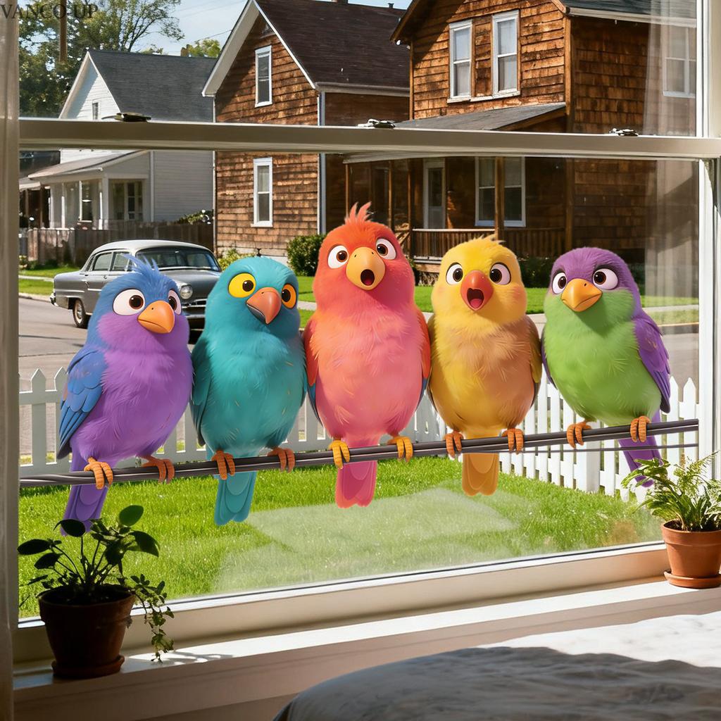 Static Cling Window Stickers Cartoon Birds on Branch Two Way Visible for Home Glass Cabinet Decor
