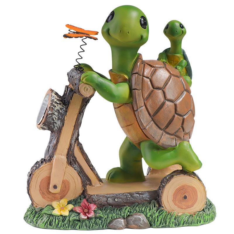 Solar LED Resin Bonsai Turtle On Bicycle Garden Night Light Ornament
