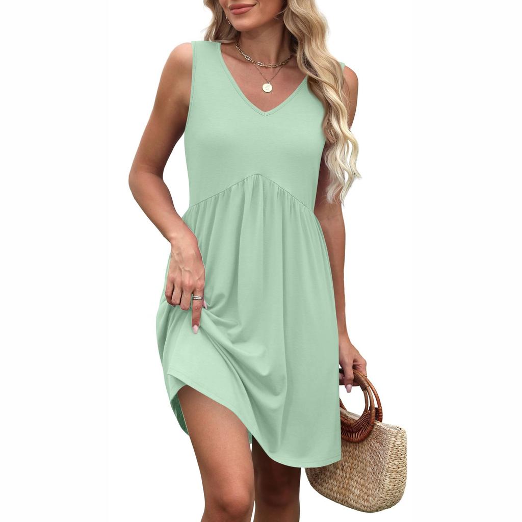 Damen V-Ausschnitt Lässig Strandurlaub Stil Vintage Einfarbig Ärmellos Splicing Kleider