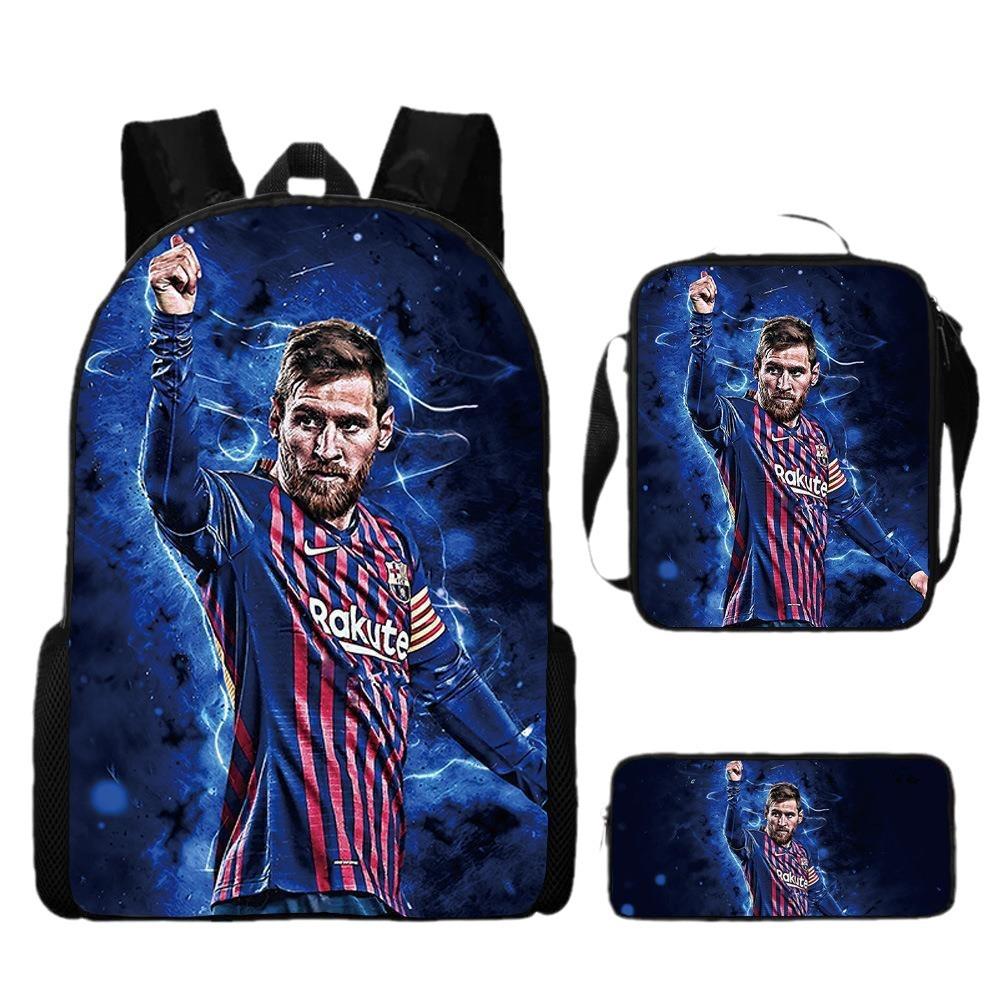 Sac à dos scolaire imprimé Messi pour étudiant Sac à dos Satchel C Luo pour Neymar Ensemble trois pièces