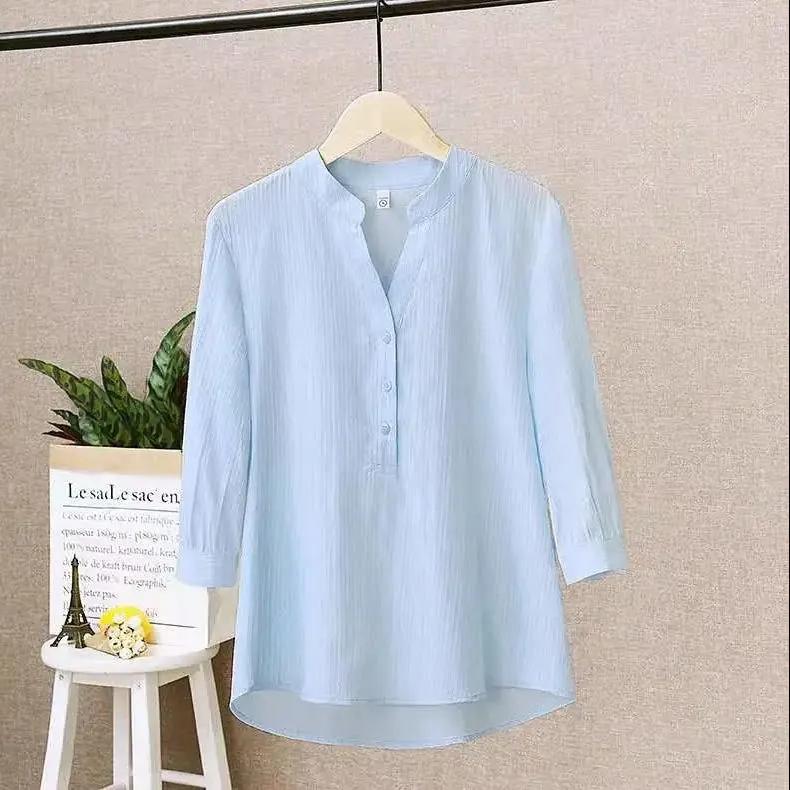 

Рубашка из 100% хлопка, синяя летняя корейская блузка с воротником-стойкой и пуговицами, топ с рукавами три четверти, женские свободные профессиональные белые рубашки 3XL светло-синий