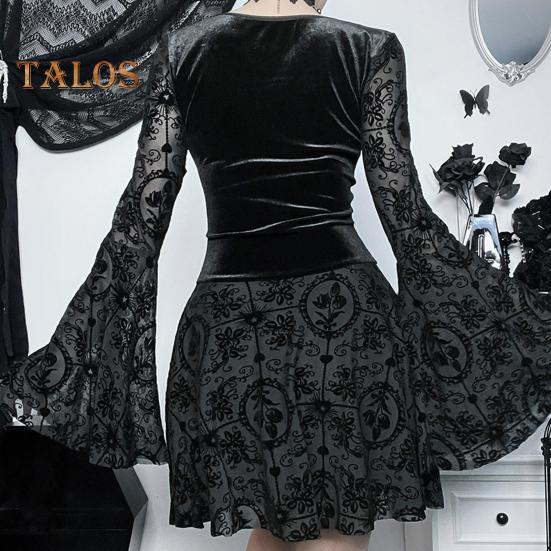 Damen Halloween Cosplay Kleid V-Ausschnitt Spitze Bindegurt Dunkler Stil Gothic Mittelalter Vintage Glockenärmel Performance Bühnenshow Kleid