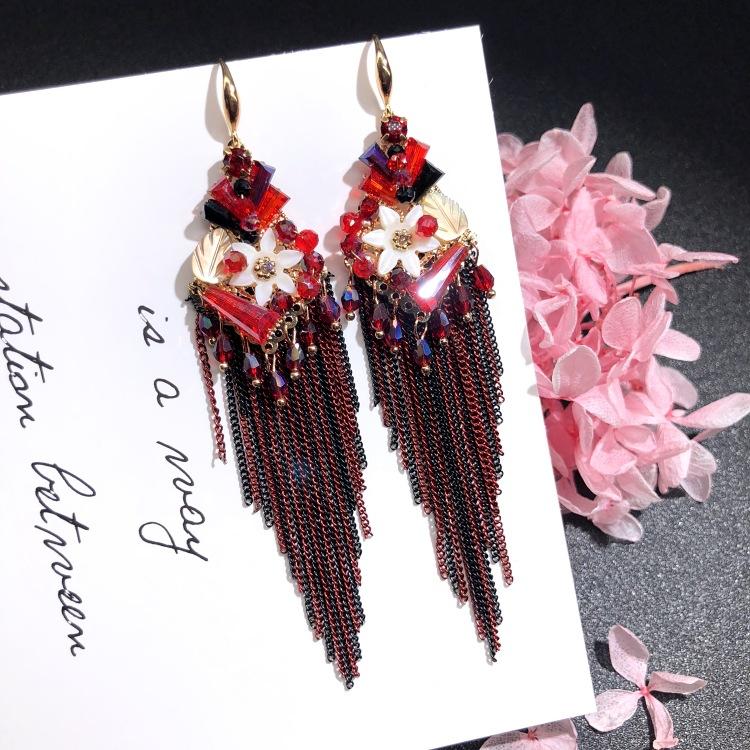 Luxury Retro Handmade Crystal Earrings Femininity Versatile Long Fringed Bride Earrings High-end Ear Jewelry