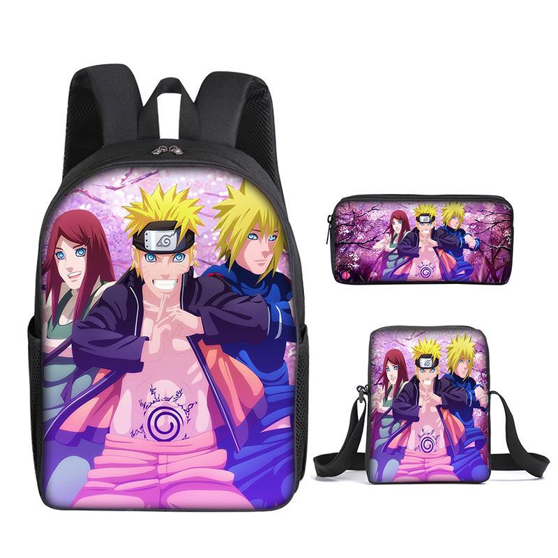 Naruto Naruto Rucksack Dreiteiliges Set, Schulranzen für Grund- und Sekundarschule, Umhängetasche, Messenger Bag, Federmäppchen.