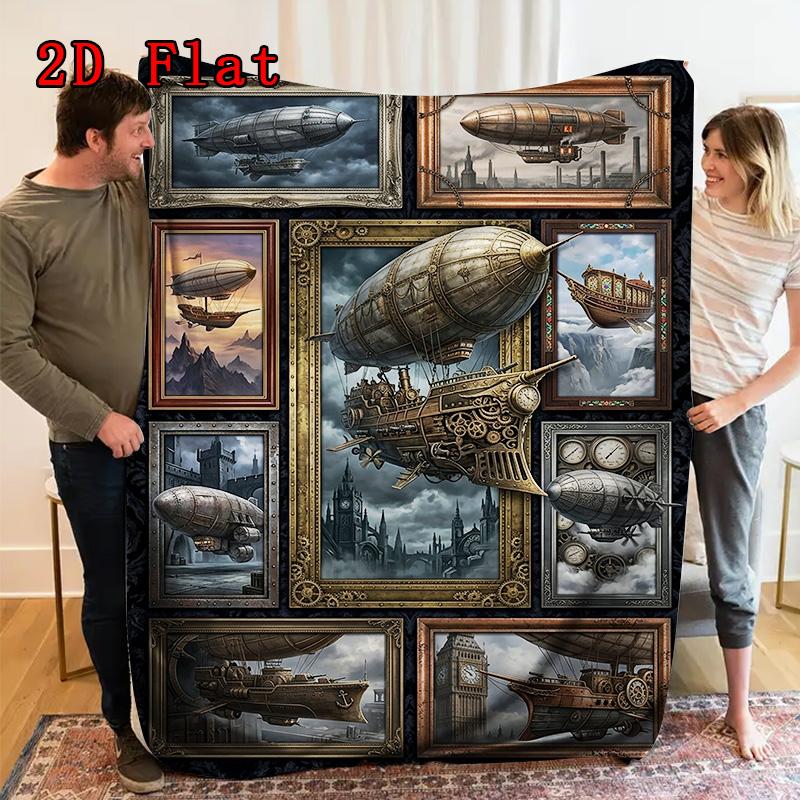 Steampunk Airship Gallery 2D Flat Pattern Flannel Blanket, High quality All Seasons, Home Decor, Warmth and Comfort, Perfect for Christmas Gifts.