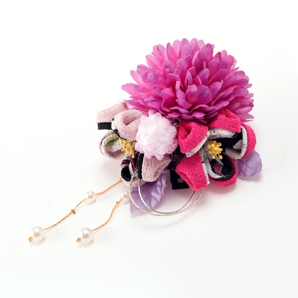 Osaka Choseido Flower Hair Cute and Chirimen Fabric Hair Ornament with Mizuhiki Elastic 8cm Blossom Knot x Clip, Large, Secure, Band, Approx. (Cherry