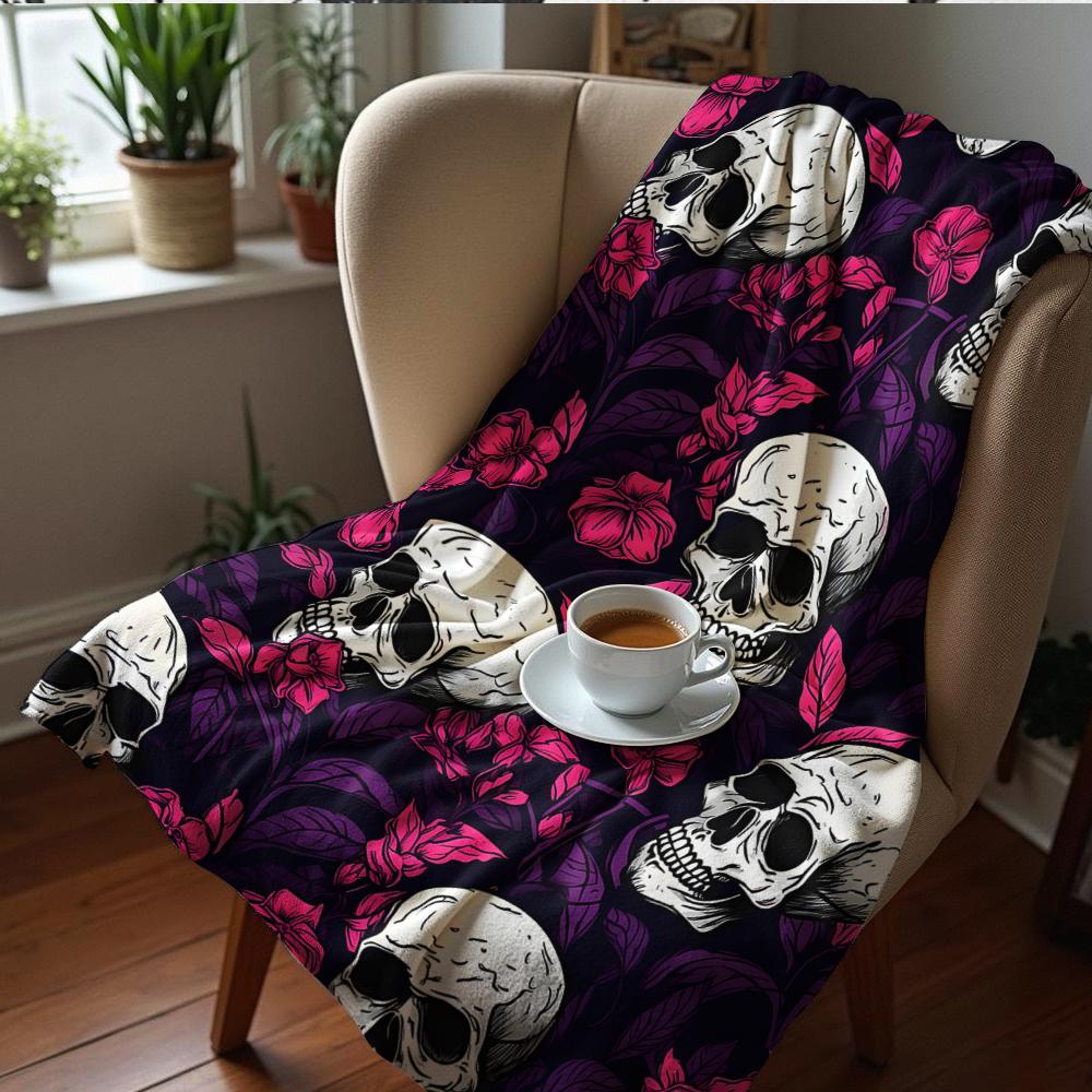 Skull Heart Grid Dark Motif Cartoon Anime Print Flannel Blanket Soft Warm Throw for Kids Bedroom Sofa Christmas Office Car