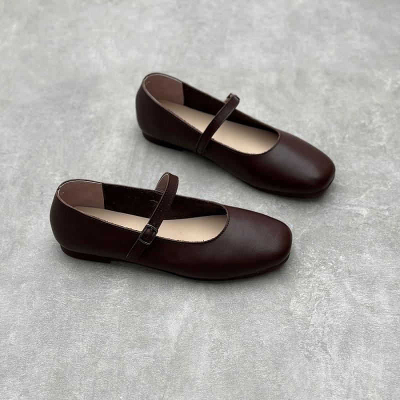 Mary Jane Leather Single Shoes Round Toe Flat Soft Cowhide Women's Shoes