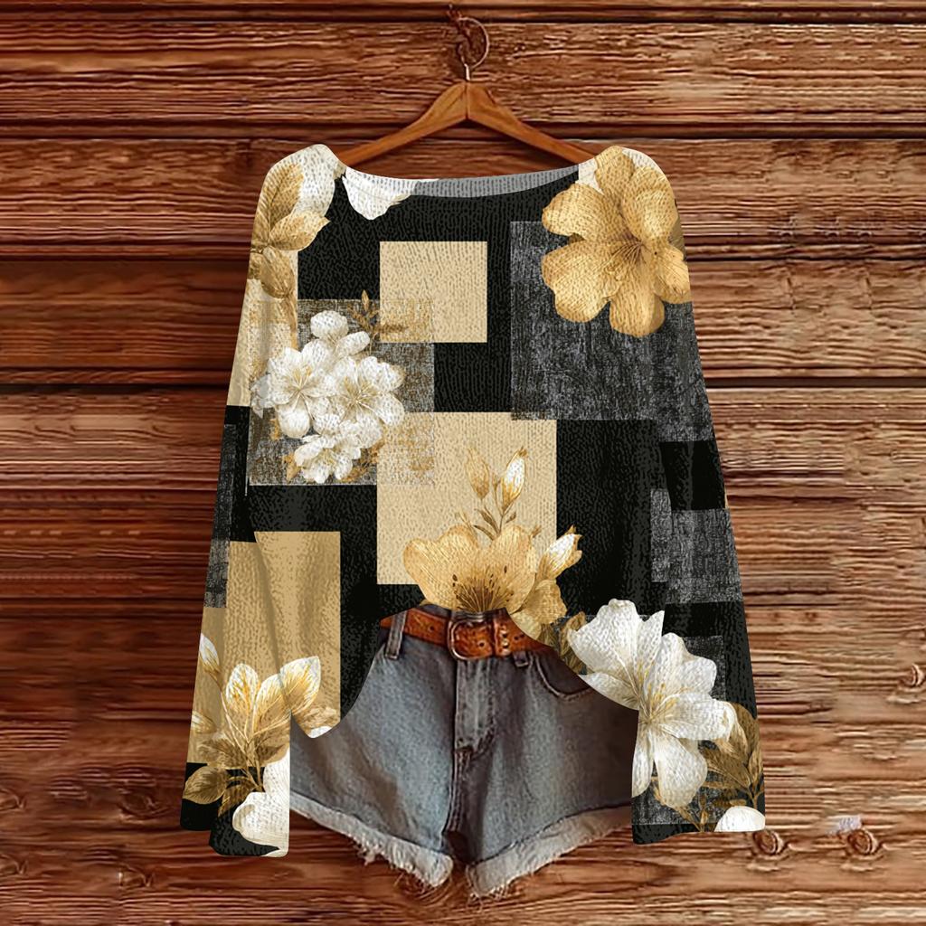Women's Lightweight Sweater Casual Long Sleeve Knitted Vintage Floral Print Pullover