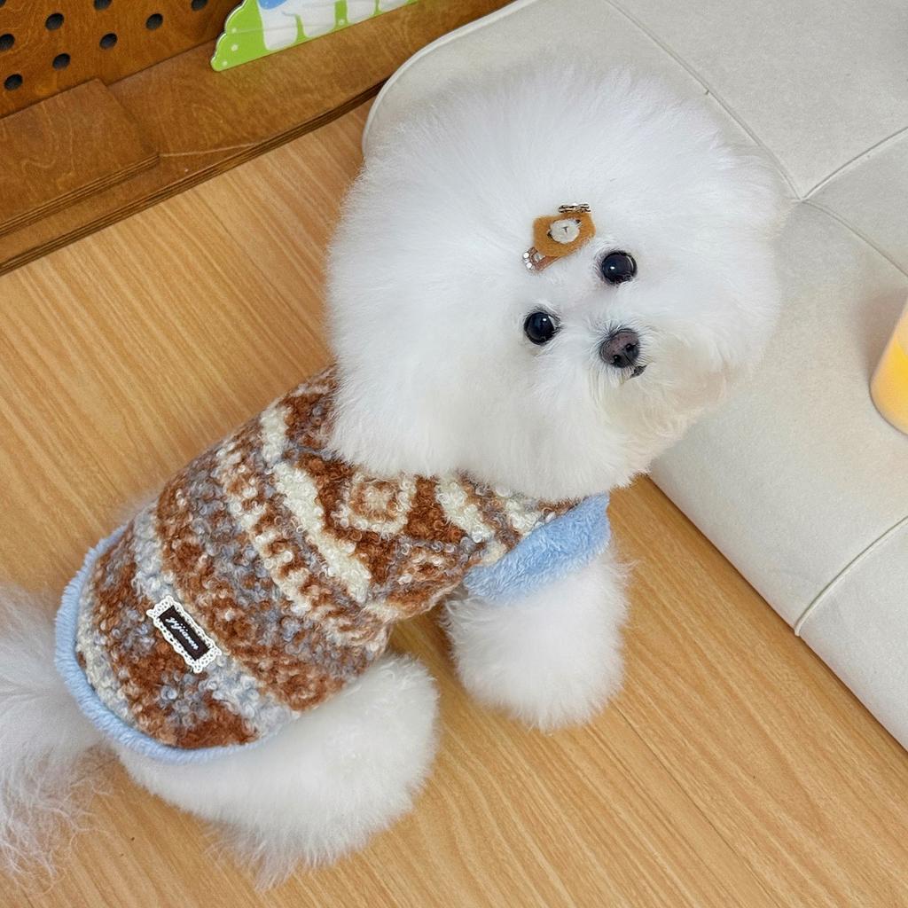 Pet Autumn and Winter Clothing with Plush Striped Warm Vest Cute Teddy Schnauzer Cat Coat Dog Clothes for Small Dogs