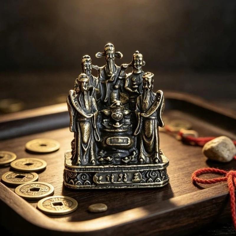 Brass Five Wealth Gods Statue Mini Antique Finish Fortune Blessing Figurine for Pocket Carry Altar Decor Souvenir Collection