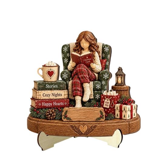 Retro Christmas Centerpieces Book Lover Gifts for Women, Just A Girl Who Loves Wooden Plaque, Winter Home Decor 2D Flat Reading Block Sign with Stand