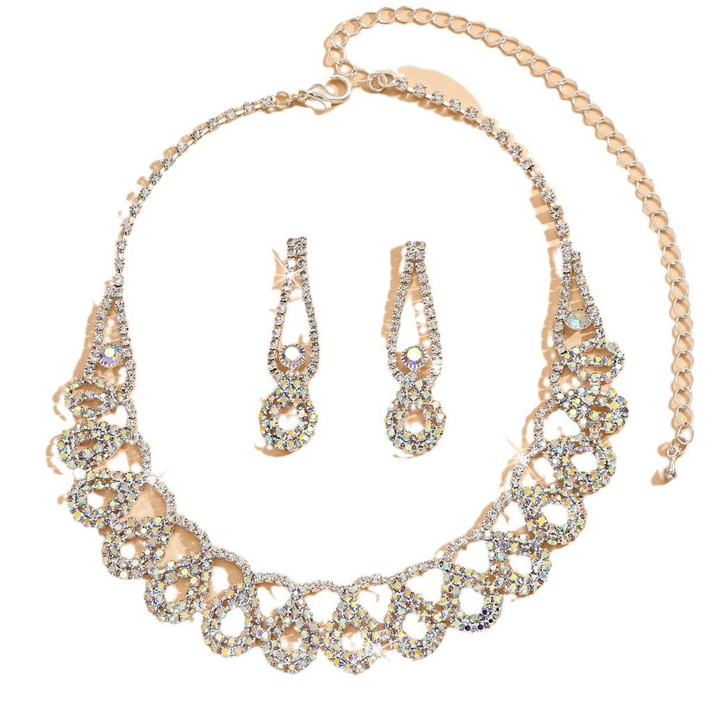 Luxury Geometric Hollow Super Flash Rhinestone Necklace Earrings Set Women'S Temperament Fashion Collarbone Chain Jewelry Women