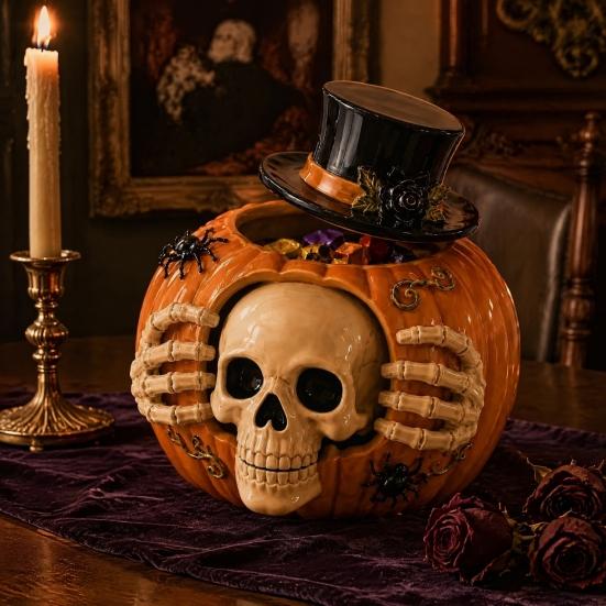 Resin Halloween Candy Bowl Skull Pumpkin Jar with Top Hat Lid, Decorative Unique Party Ornaments Storage Container, Desktop Organizer for Home Decor &