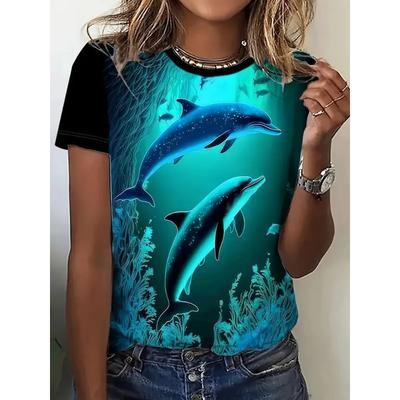 T-shirt Casual Moda Semplice Pittura Astratta Animale Mare Delfino Traspirante Stampa 3D Girocollo Manica Corta Camicia Sportiva Casual