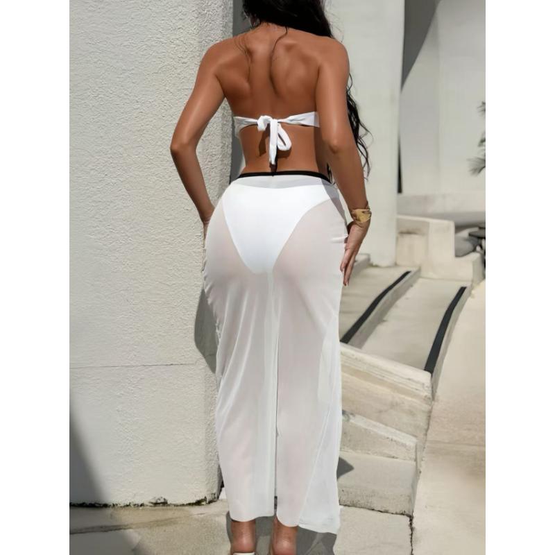 3 Piece Bandeau Bikini Set Sheer Long Skirt Cover Up Gold Decor Sexy Push Up Swimsuit Beach Vacation Bathing Suit for Women