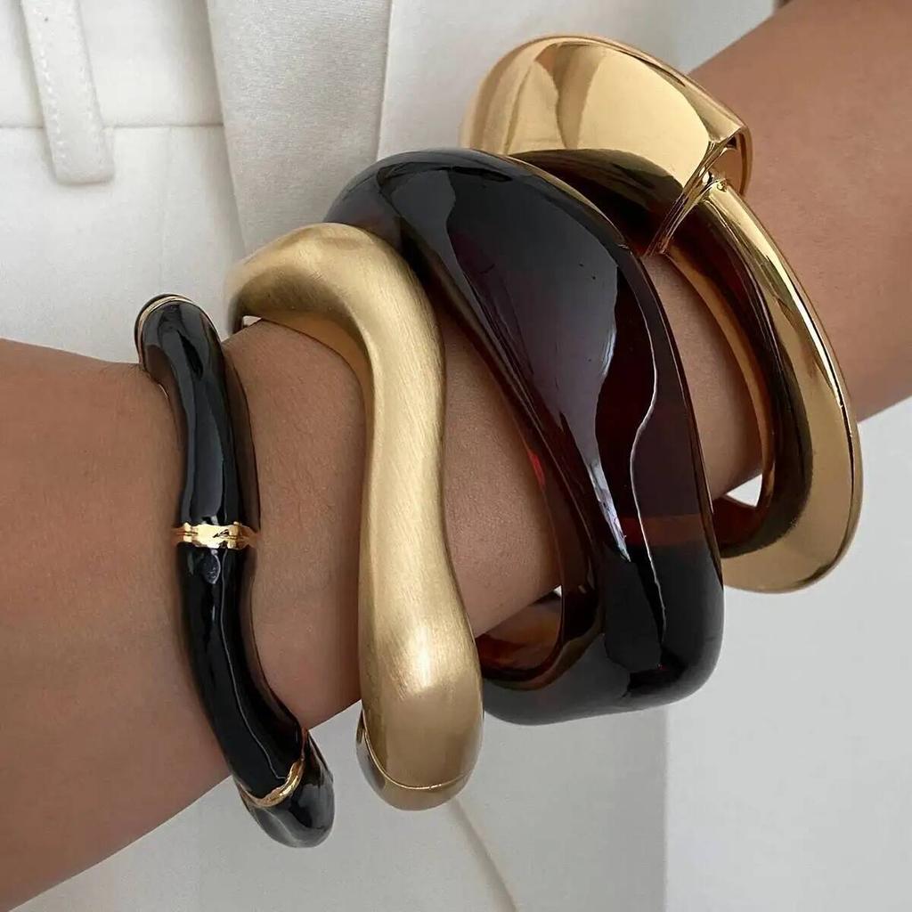 IngeSight.Z 4 Styles Exaggerated Thick Resin Acrylic Wide Cuff Bangles Women Vintage Irregular Geometric Spring Bracelet Jewelry