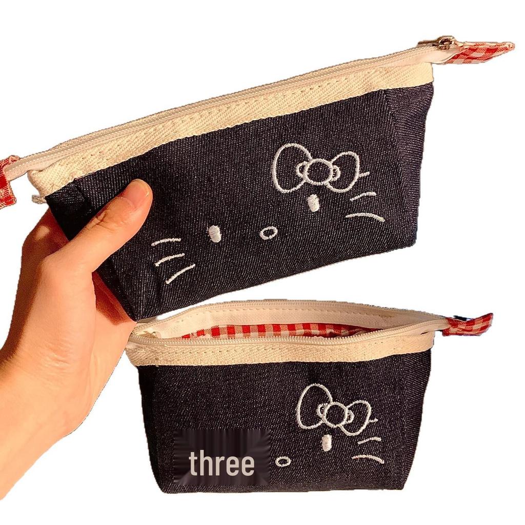 Cute Denim Kitty Pencil Case - Large Capacity for Middle School Girls