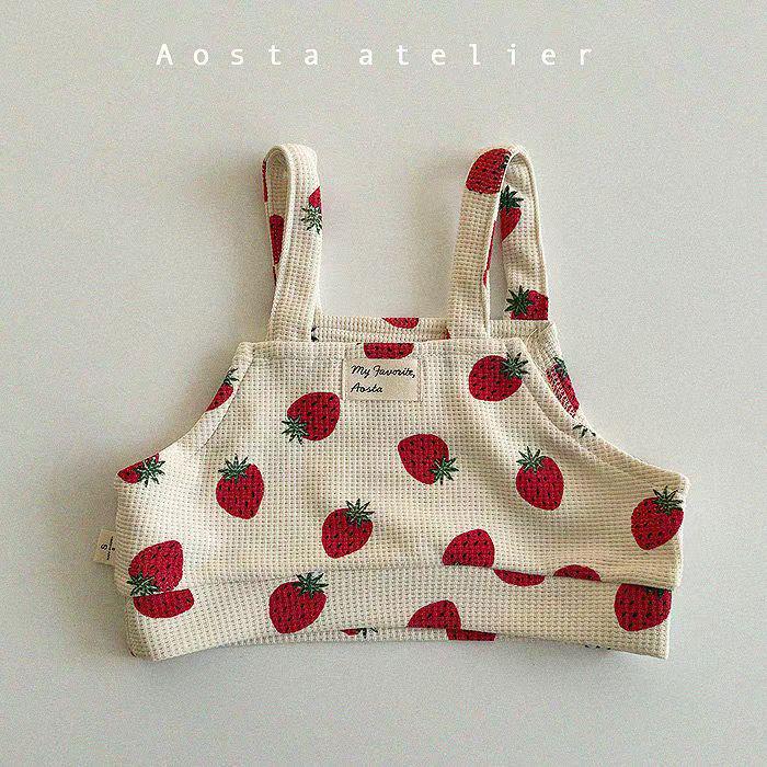 Korean Spring Toddler Waffle Strawberry Two-Piece Set: Striped Top & Shorts