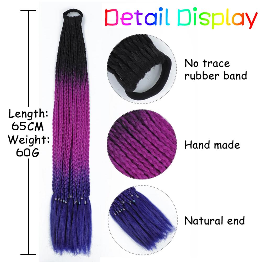 XINRAN Synthetic Long Straight Braids Hair With Rubber Bands Rainbow Braided Ponytail For Women And Girls Cosplay Party Accessories