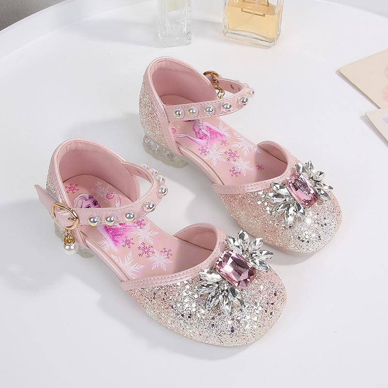 

Summer new fashion casual versatile new crystal shoes, leather shoes, children s closed-toe high heels 25 розовый