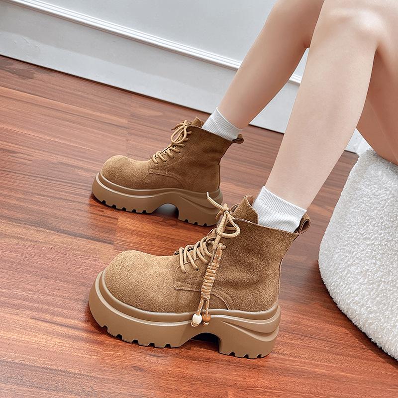 Retro thick-soled heightening Martin boots women's autumn new fashion Maillard slim short boots lace-up big yellow boots