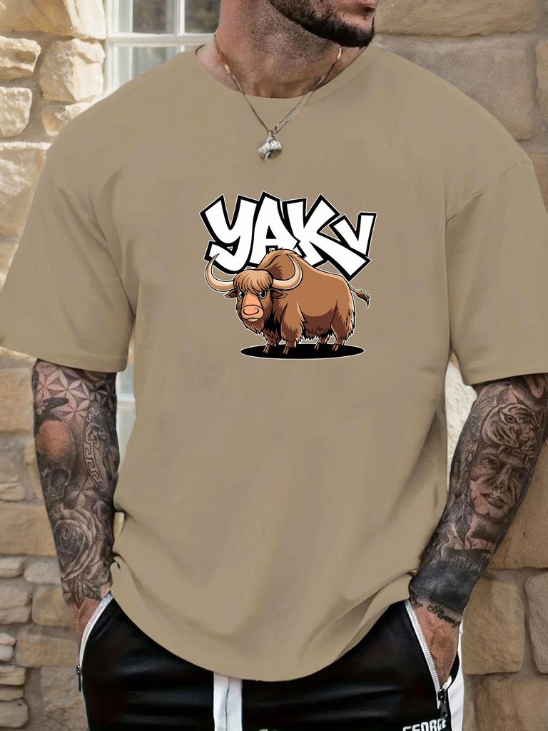 Mens Casual Tshirt Yak Cartoon Print Short Sleeve Round Neck Breathable Soft Oversized Fun Daily Wear Tee
