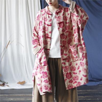 Women Vintage Print Floral Button Trench Stand Long Sleeve Spring Coats Pockets Loose Chinese Style Trench
