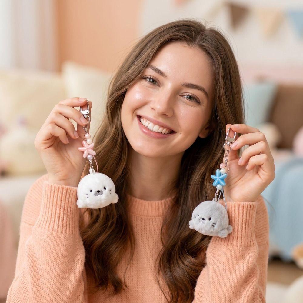 2Pcs Adorable Soft Plush Keychain Small Size Cartoon Ocean Theme Keychain Fluffy Kawaii Keyring Bag Decoration