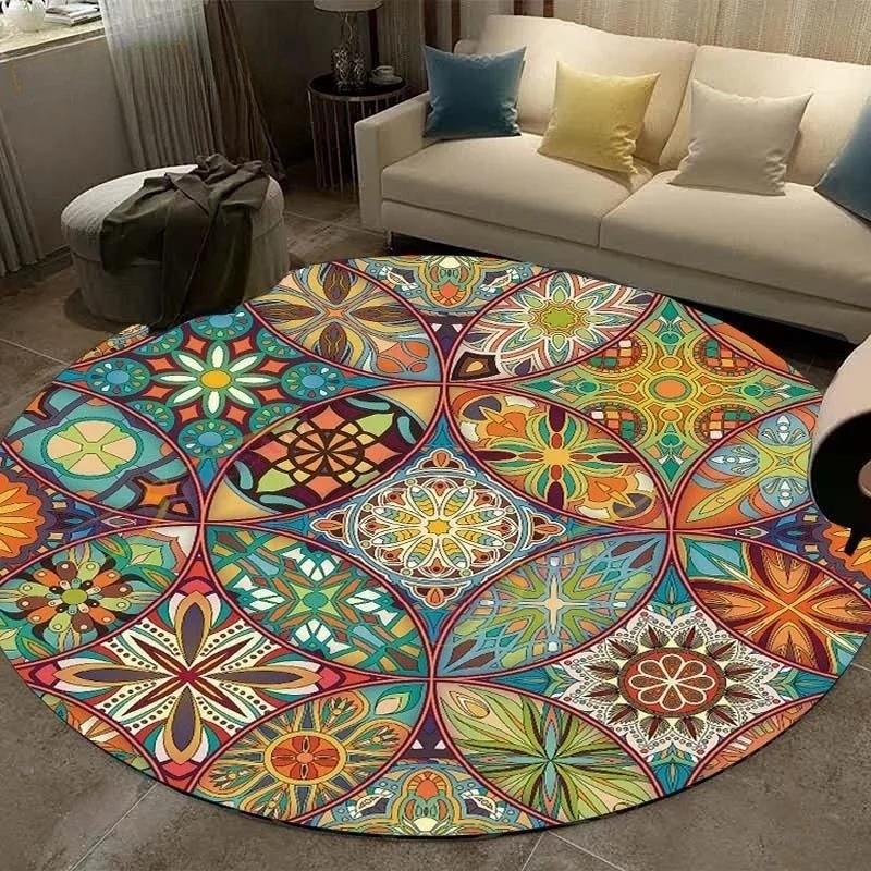 Round Carpet Retro Mandala Geometric Flower Pattern Rug Living Room Bedroom Cloak Non Slip Mat Home Decoration