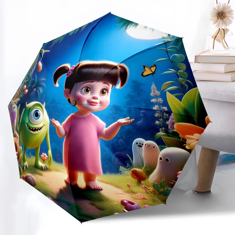1pc Sturdy 8-Bone Auto Umbrella, Girl With Stitch Floral Pastel Umbrella, Digital Printed, Foldable Umbrella for On-the-Go Outdoor Use