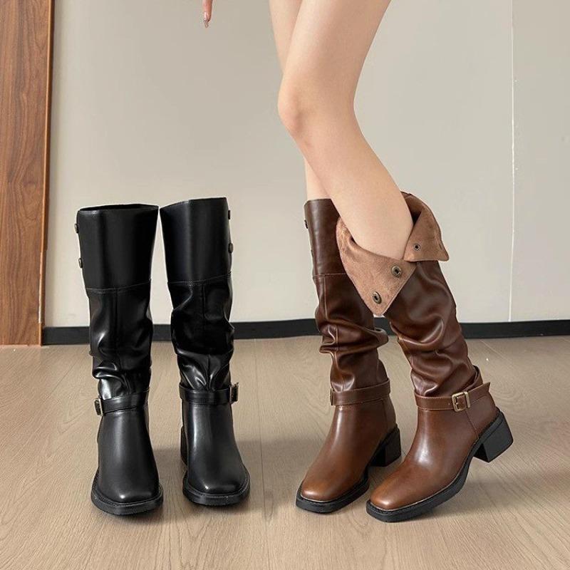 New Style Pleated Buckle Knight Boots for Women Autumn Brown Leather Mid Calf Boots Woman Slip-On Thick Heels Fashionable Boots