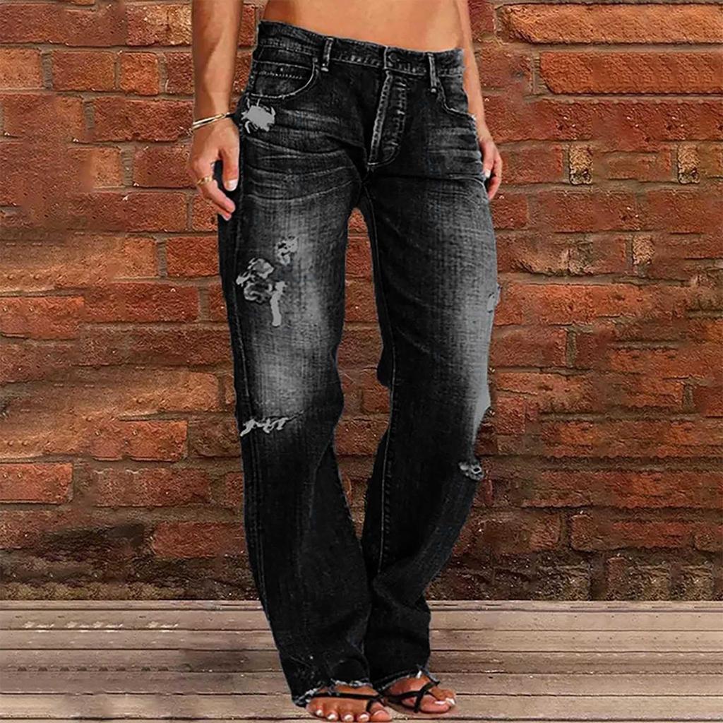 Women's High Waist Straight Loose Lace Stretch Lightweight Fashion Jeans