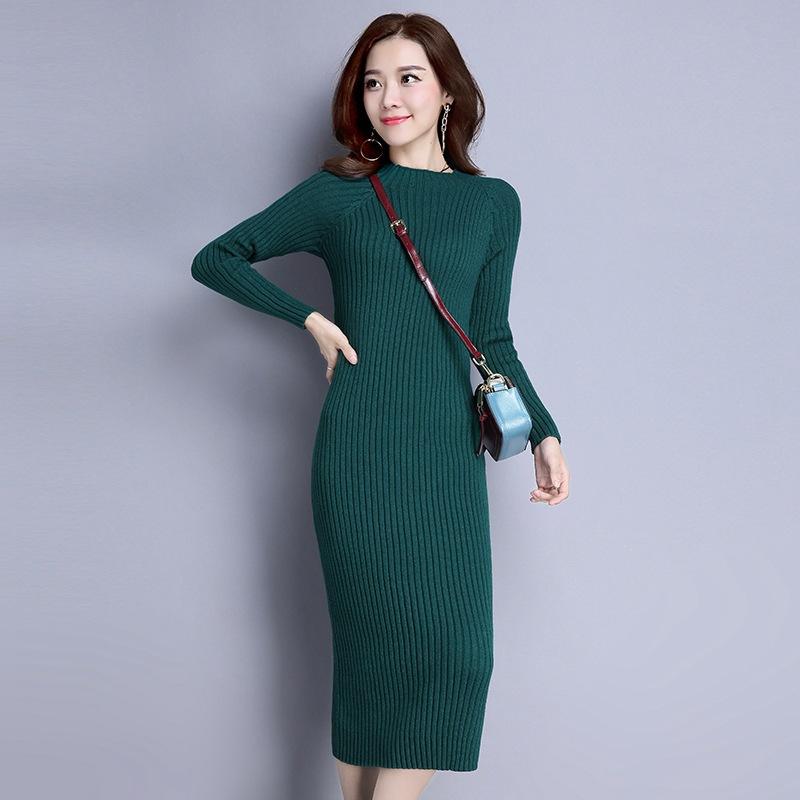 

Тонкое вязаное платье для женщин однотонное средней длины облегающее платье-свитер до колена вязаный свитер XL зелёный