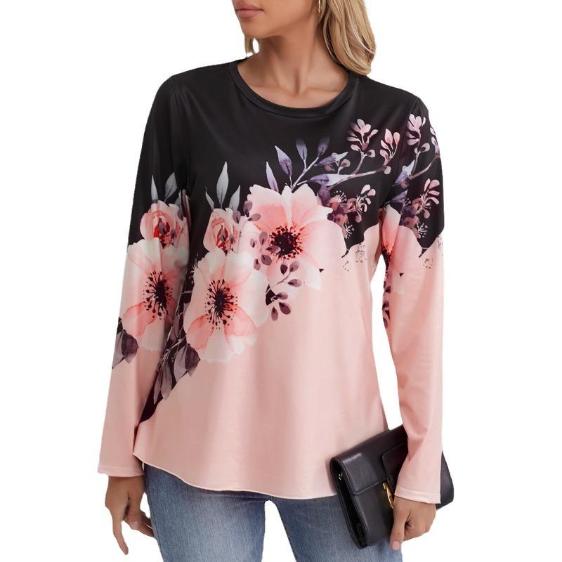 2024 Women's Floral Print Crew Neck Long Sleeve Casual Autumn T-shirt