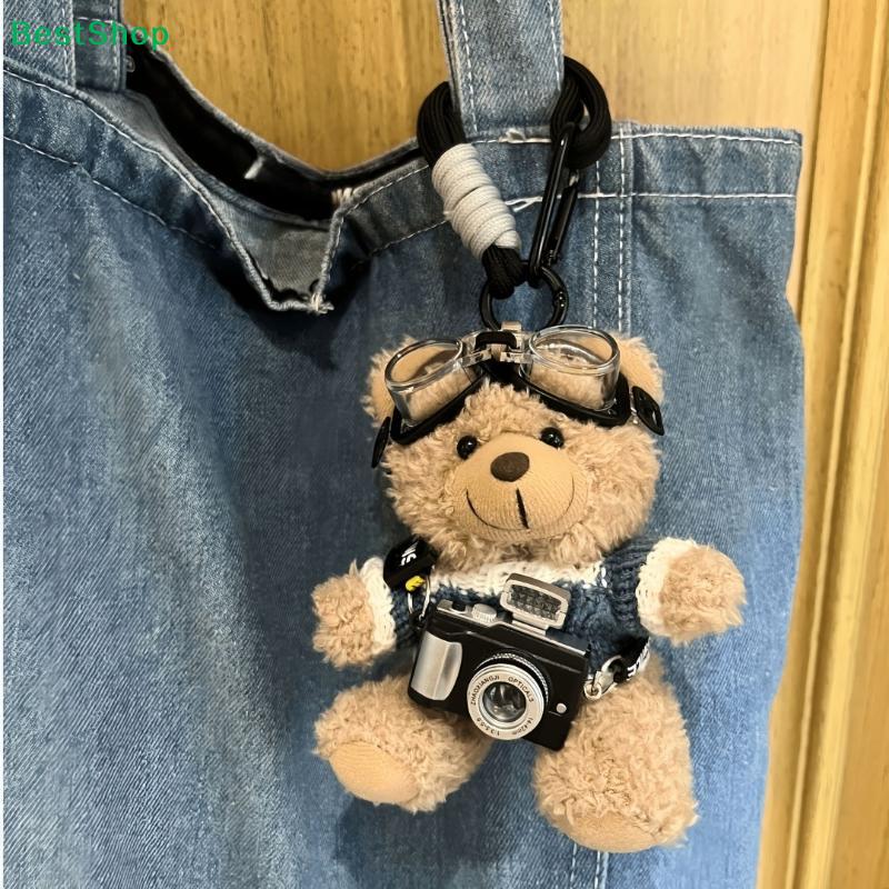 Cute Pilot Bear Plush Keychain - Soft Stuffed Animal Bag Charm with Goggles