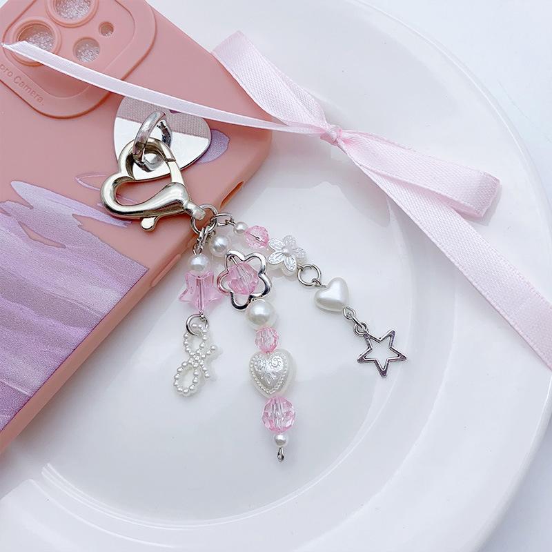 Pearl Bow Phone Pendant Sweet Love Flowers Key Chain Earphone Case Hanging Rope Backpack Charms Bag Decor Accessories