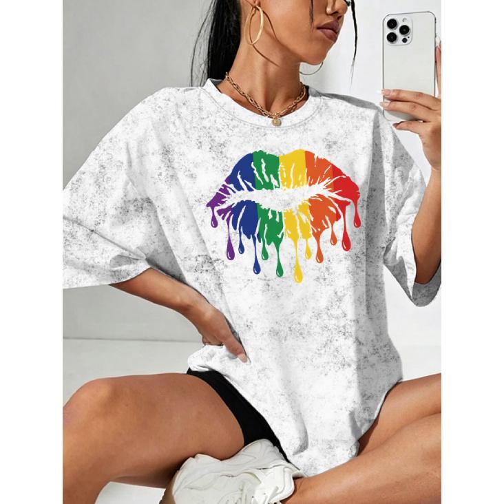 Women's Snowflake Print Short Sleeve Shirt T Shirt Rainbow lip print round neck casual elegant vintage style skin-friendly soft breathable Spring,