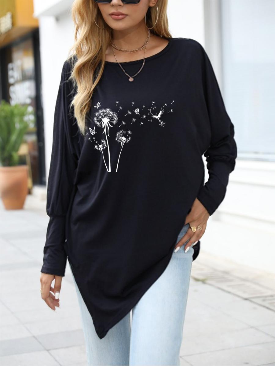 

Female Fashion Printed Logn Sleeve Top Women s Oversize Long-Sleeve Spring/Fall Asymmetrical Hem T-Shirt S чёрный
