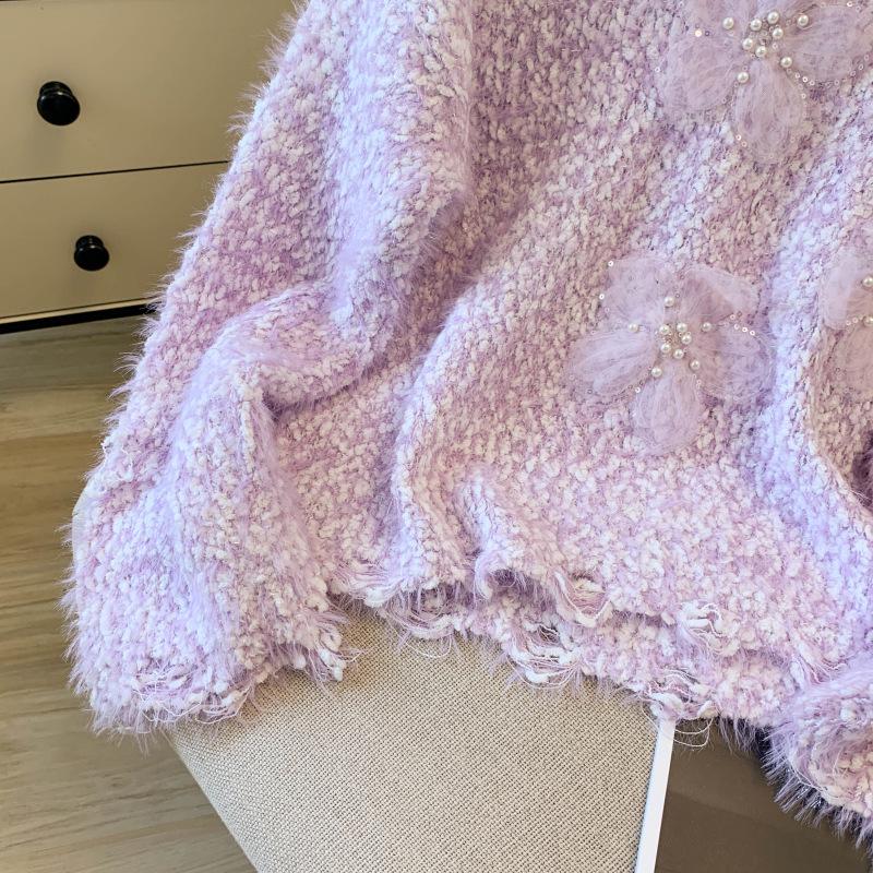 Women's Beaded Flower Faux Mink Knit Sweater