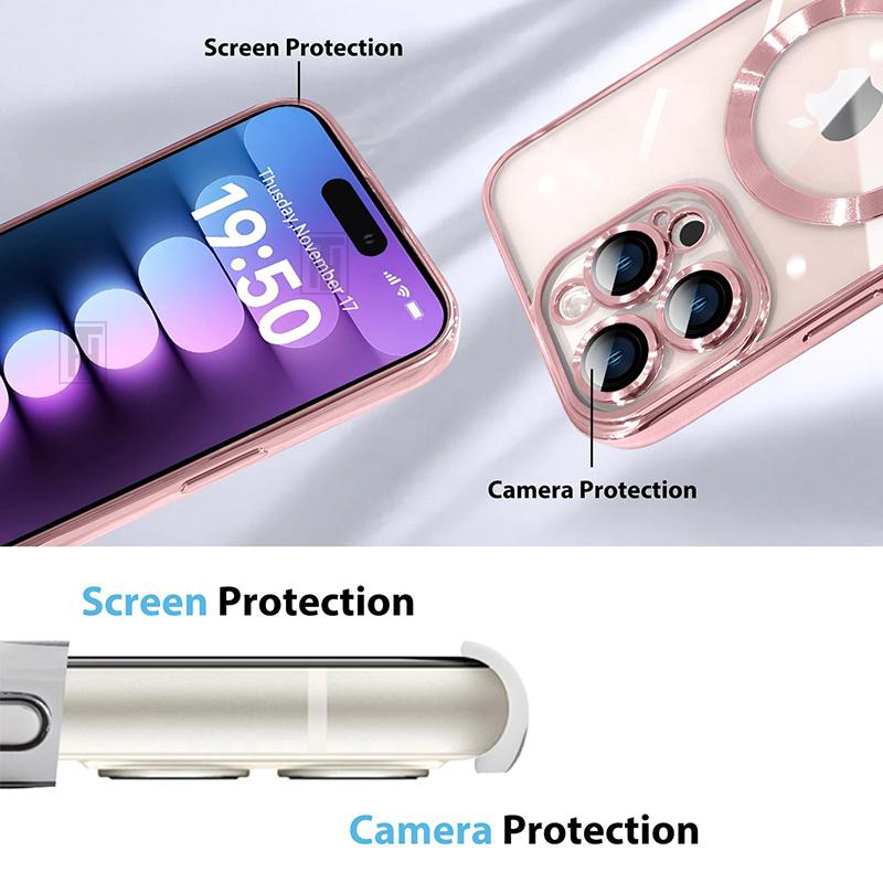 Plating Soft Lens Film Protect Transparent Case For iPhone 16E 16 15 14 13 12 11 Pro Max Plus Magsafe Magnetic Charging Cover