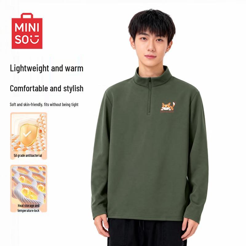MINISO Men's Fleece-Lined Half-Zip Long Sleeve T-Shirt