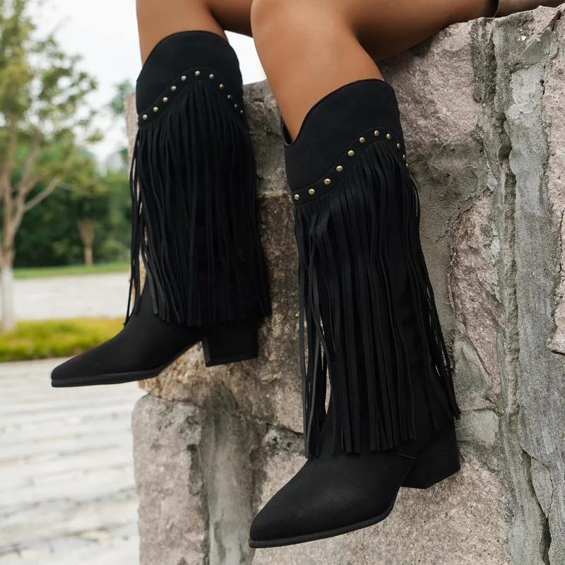 2024 Plus Size Women's Shoes Knee-High Women's Boots Pointed Toe Modern Boots Women Rivet Fringe Back Zip Med Heel Shoes Women
