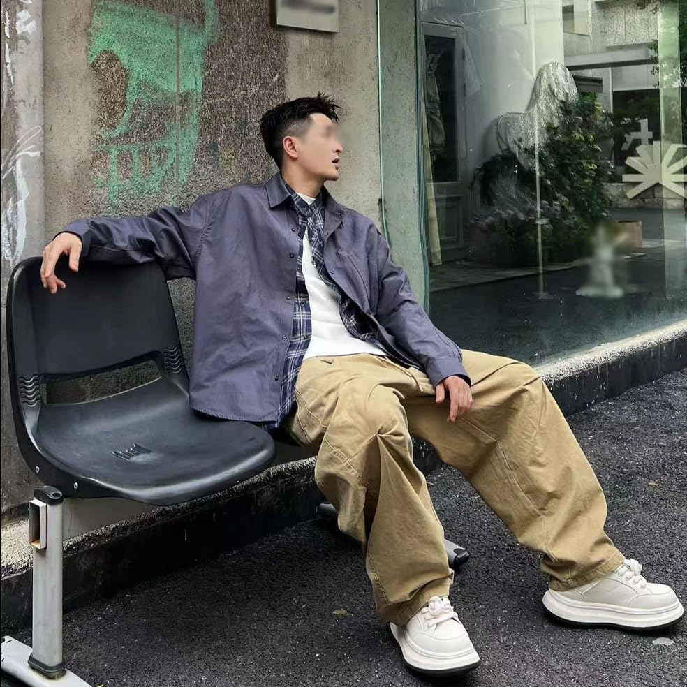 Navy Oversized Faux Shirt Jacket with Plaid Casual Street Loose for Everyday and Winter [cnstone] Men's Two-Piece Lining, Style, Fit, Wear, Spring,