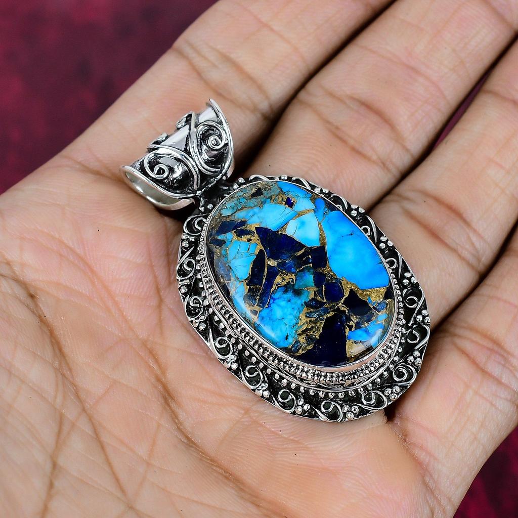 Copper Lapis Turquoise Handmade Gemstone Pendant, 925 Solid Sterling Silver Pendant Antique Jewelry, Love Forever Gift